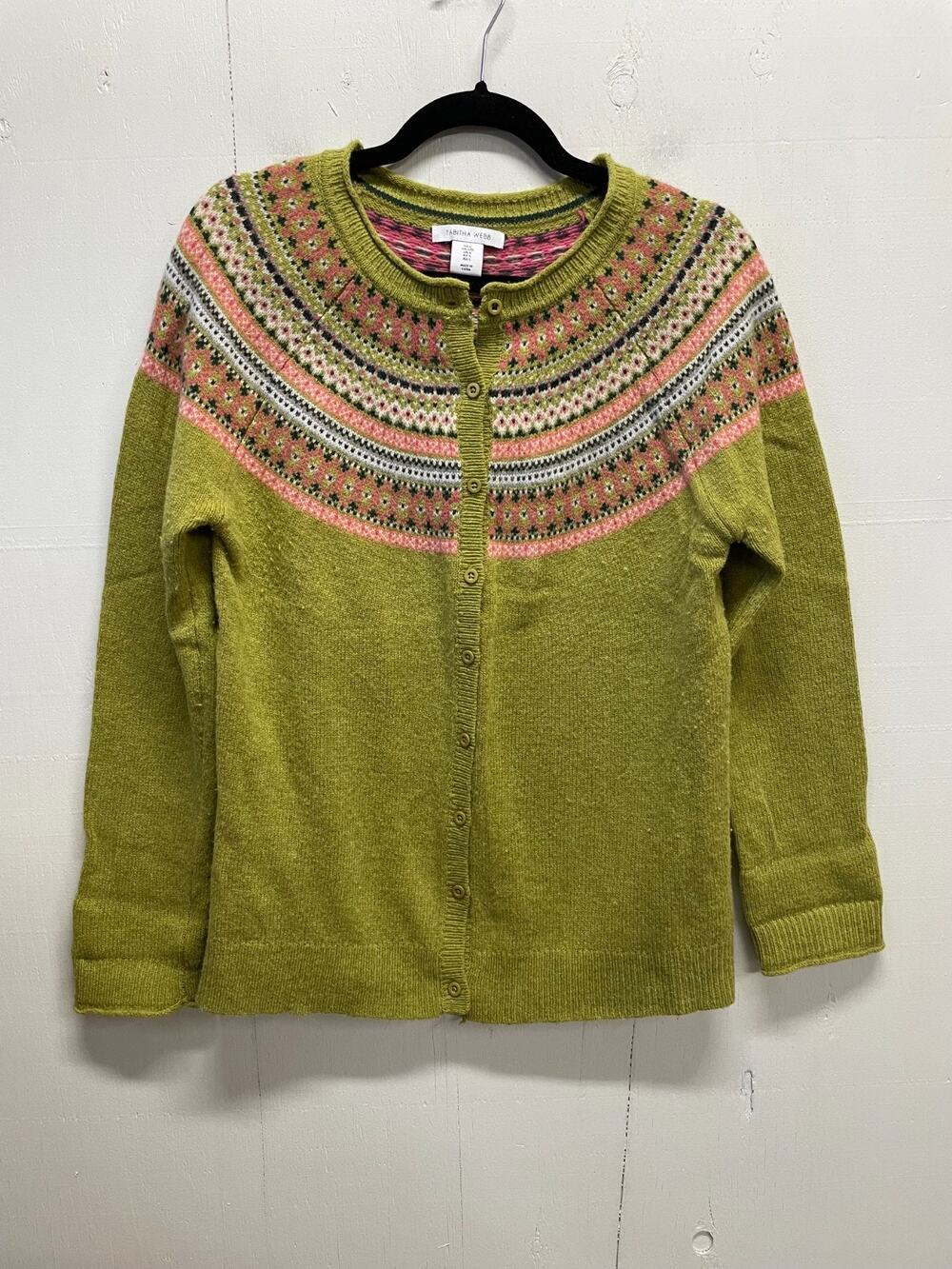 Tabitha Webb Women's Fair Isle Cardigan Sweater Size Large Lambswool Chartreuse